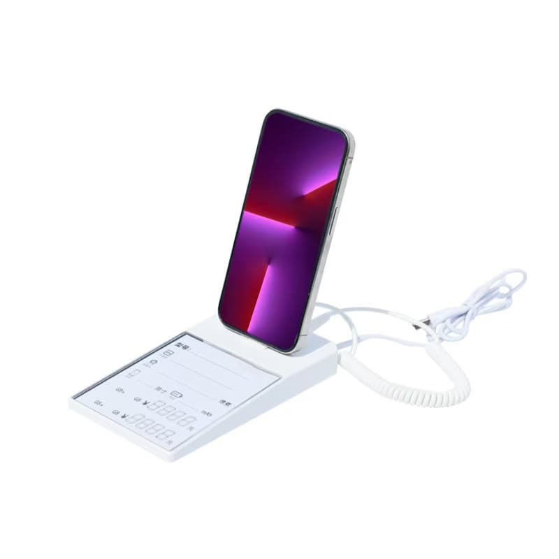 Security display stand with price tag holder, shown with iPhone 15 Pro