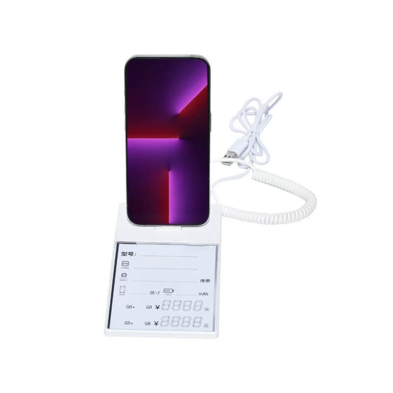 Security display stand with price tag holder, front view, shown with iPhone 15 Pro