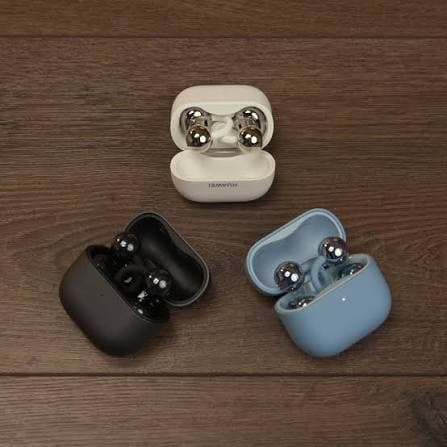 HUAWEI open-ear earbuds — white, black, and blue